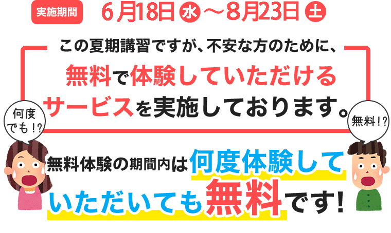 実施期間7月21日から8月30日までこの夏期講習ですが、不安な方のために、無料で体験していただけるサービスを実施しております。期間内の1週間は何時間体験していただいても無料です!